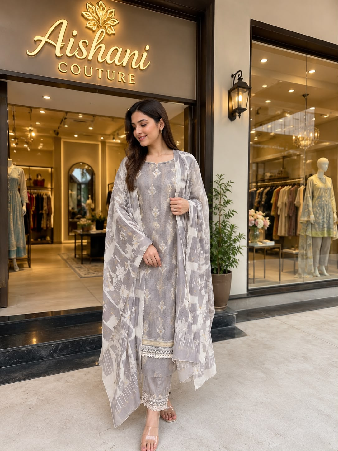 Luxury Grey Embroidered 3-Piece Suit with Printed Dupatta