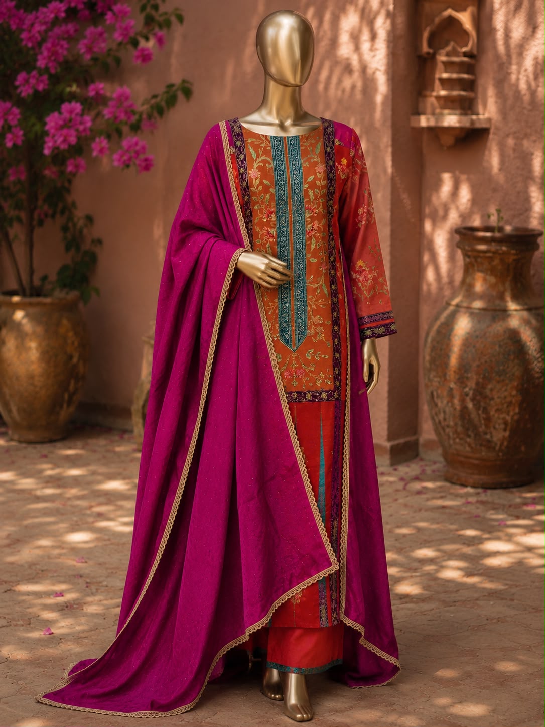 Premium Rust Orange Embroidered Suit Set with Magenta Dupatta