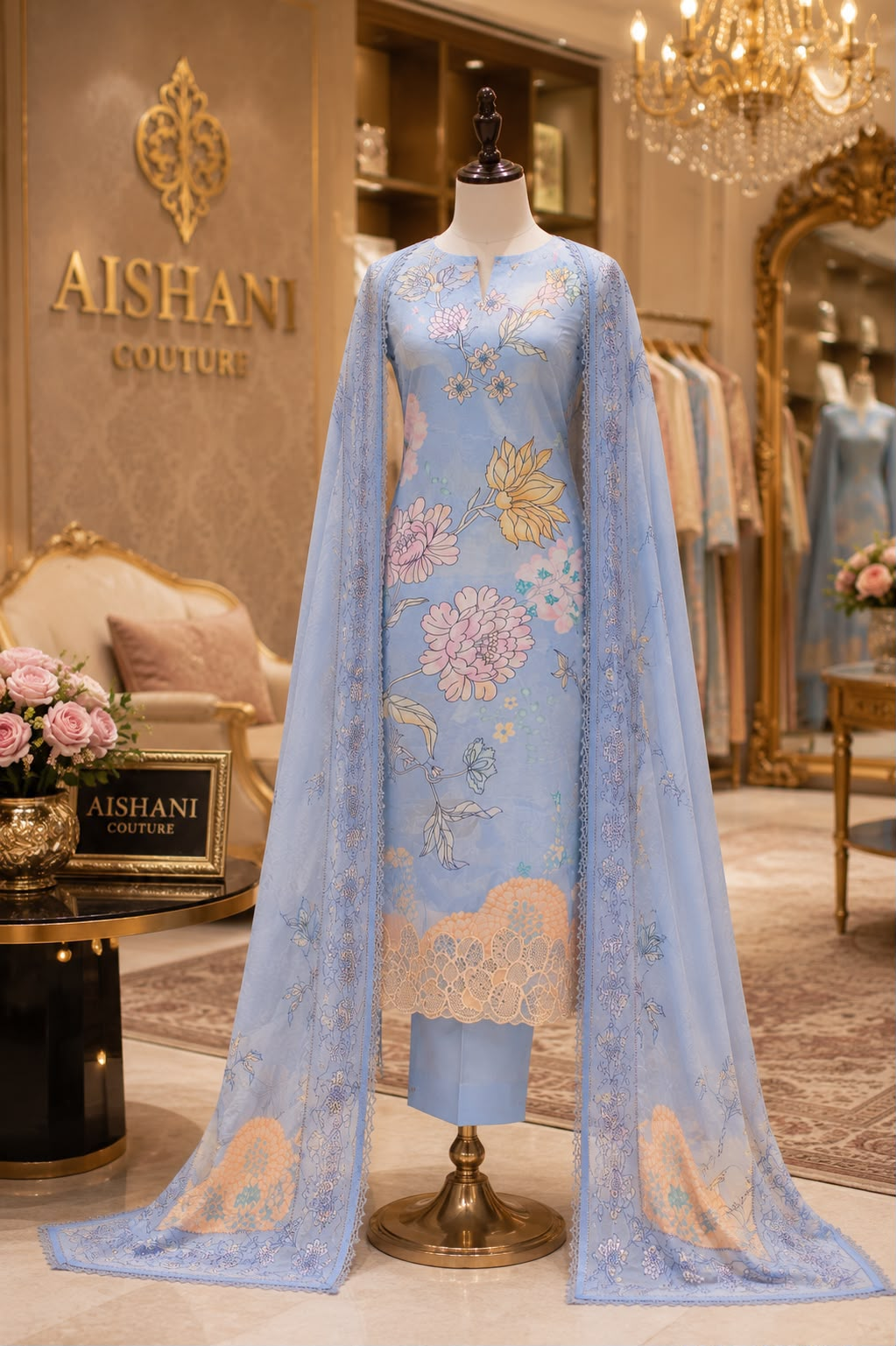 Sky Blue Floral Printed Straight Kurta Set with Embroidered Dupatta
