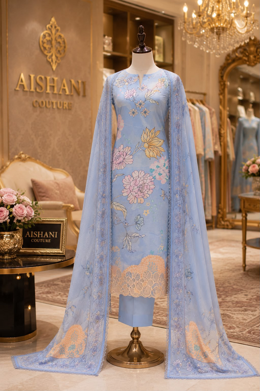 Sky Blue Floral Printed Straight Kurta Set with Embroidered Dupatta