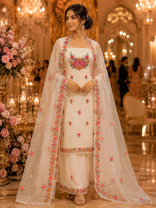 Ivory Embroidered Chikankari-Style Kurta Set with Organza Dupatta