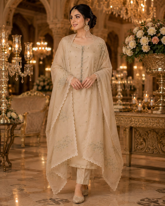 Elegant Beige Embroidered Straight Kurta Set with Scalloped Dupatta