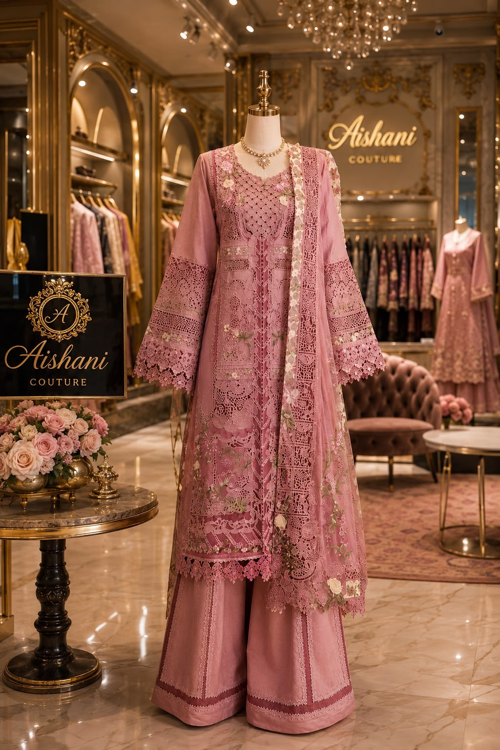 Dusty Pink Embroidered Anarkali Kurta Set with Palazzo & Dupatta