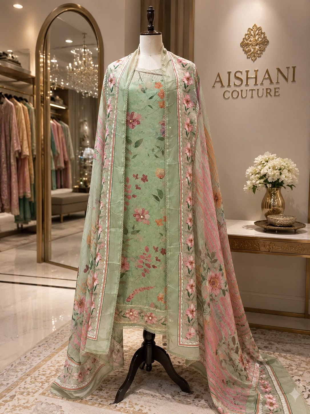 Mint Green Floral Printed Straight Kurta Set with Pink Dupatta