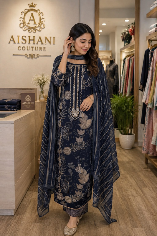 Navy Blue Floral Printed Straight Kurta Set with Matching Dupatta