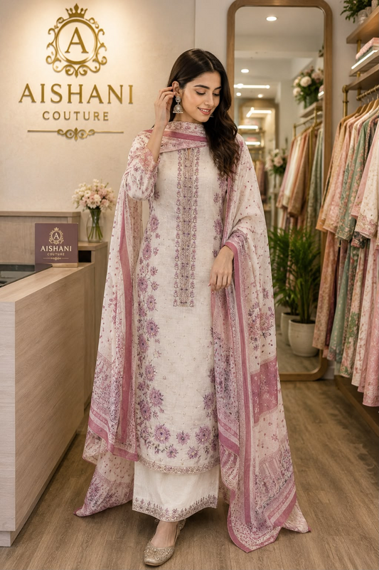 Ivory Floral Printed Straight Kurta Set with Pink & Lavender Dupatta