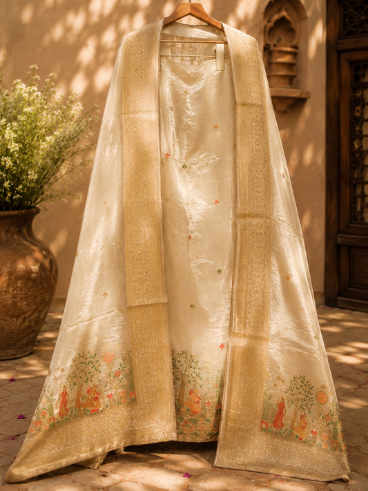 Ivory Embroidered Ethnic Suit Set with Printed Dupatta